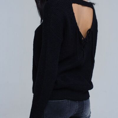 Black knitted sweater with tie-back closure
