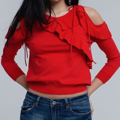 Red sweater with ruffle detail at front