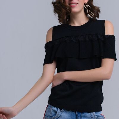 Schwarzer Cold-Shoulder-Pullover mit Rüschen und Spitze