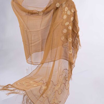 Natural Silk Georgette Shawl With Fringes and Rhinestones