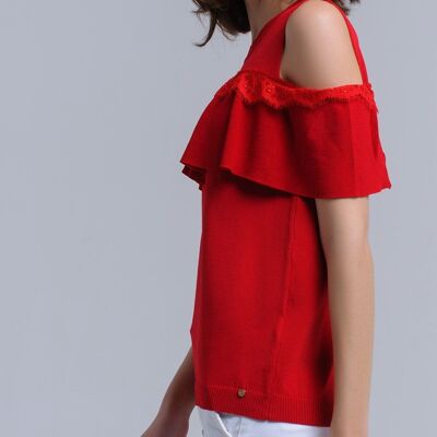 Red cold shoulder sweater with ruffle and lace
