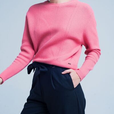 Pink Textured Sweater with Round Neck