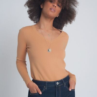 Soft basic sweater with camel v-neck