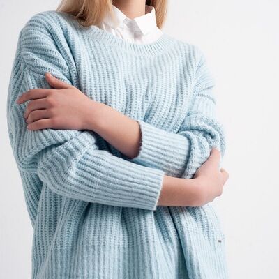 Pull boyfriend col rond turquoise