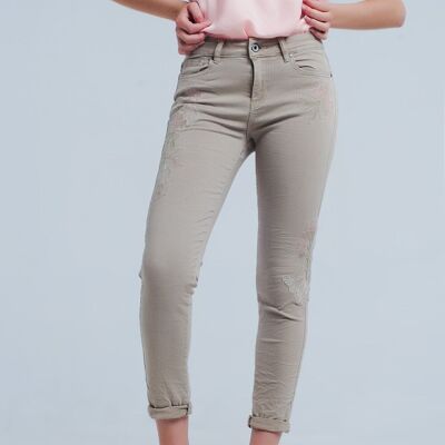 Beige jeans with Floral Embroidery
