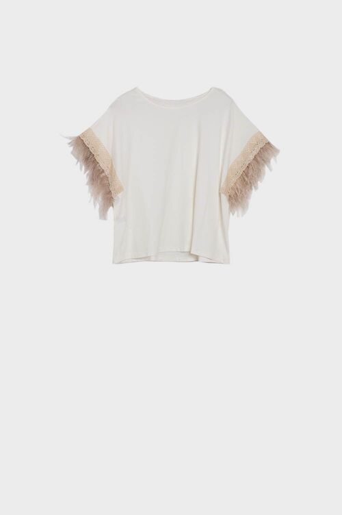 Embellished cropped t shirt with faux feather cuffs in creme