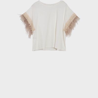 Embellished cropped t shirt with faux feather cuffs in creme