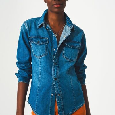 CAMICIA IN DENIM CON BOTTONI A PRESSIONE BLU LAVAGGIO MEDIO
