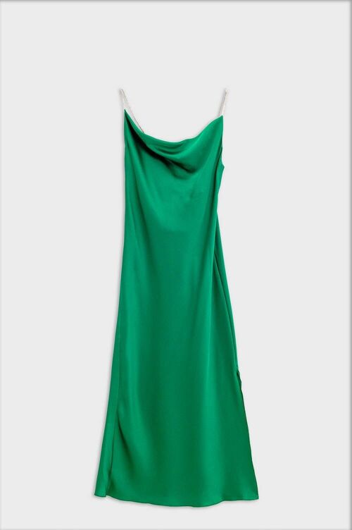 Satin Dress with Waterfall Neckline in Green