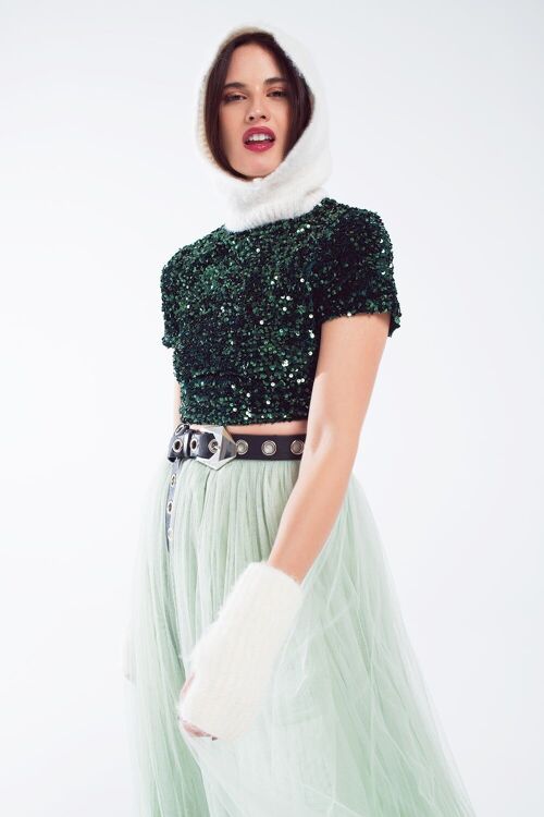 Cropped High Neck Top in Green  Sequin