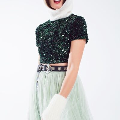 Cropped High Neck Top in Green  Sequin