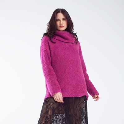 Wide sweater with bardot neck in magenta