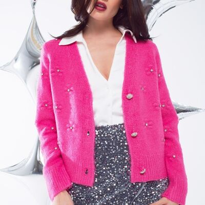 Cardigan with knitted flowers and embellished details Fuchsia