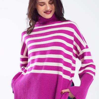 Fuchsia oversized trutleneck sweater with white stripes and splits on the side