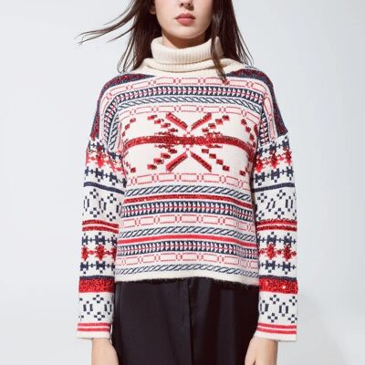 Chrstismas Sweater with Turtle Neck and Embroidered Sequin Details In Cream