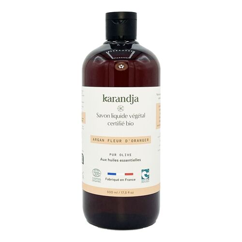 Savon liquide végétal pur olive certifié bio ARGAN FLEUR D’ORANGER 500ml