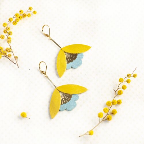 Boucles d'oreilles Fleur de Ginkgo - cuir jaune et bleu