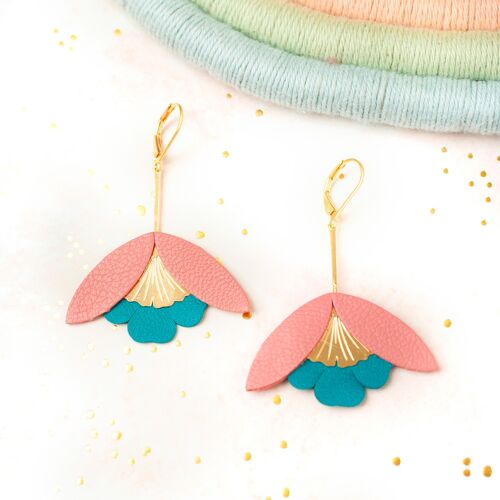 Boucles d'oreilles Fleur de Ginkgo - cuir rose et bleu canard