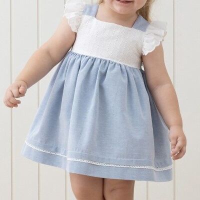 Una confezione di cinque taglie di abiti classici da bambina in lino e smerlato bicolore (3-24 mesi)