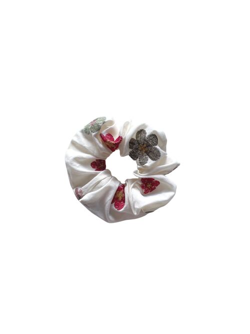 Scrunchie / embroidered cotton - boho ivory