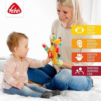 Gant de jeu Safari – gant de marionnette à doigts avec hochet et grincement pour bébés et jeunes enfants à partir de 0 mois 3