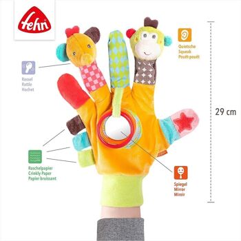 Gant de jeu Safari – gant de marionnette à doigts avec hochet et grincement pour bébés et jeunes enfants à partir de 0 mois 4