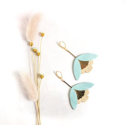 Boucles d'oreilles Fleur de Ginkgo - cuir bleu cyan et beige