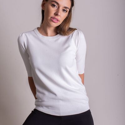 Maglia da donna in viscosa bianco sporco girocollo con manica a sbuffo - PHUKET