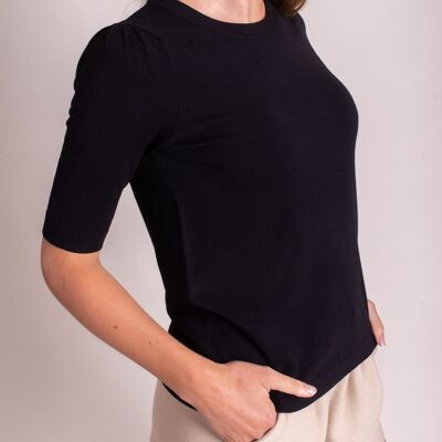 Women's sweater black viscose round neck with puff sleeve - PHUKET