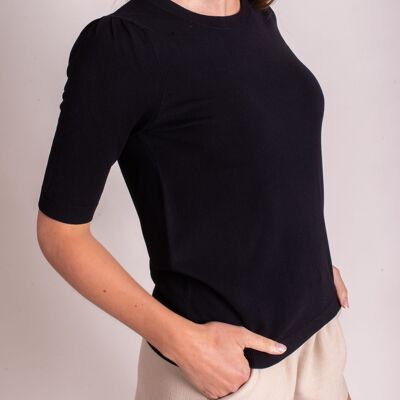 Women's sweater black viscose round neck with puff sleeve - PHUKET