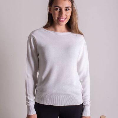 Women's sweater off-white cotton boat neck puff sleeve - CAPETOWN