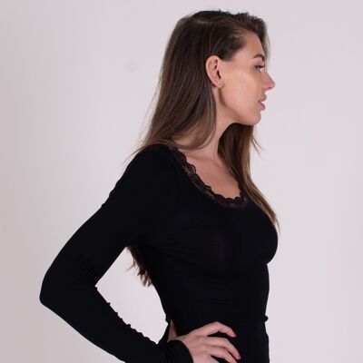 Women's top long sleeve black viscose with lace - SEVILLA