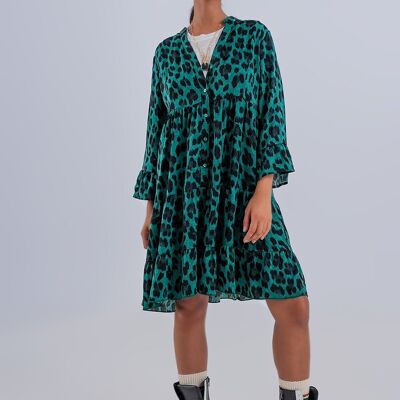 Tiered smock mini dress in green animal print