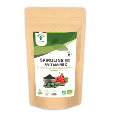 Spirulina & Vitamin C - Food supplement - Spirulina Acerola Magnesium - Better absorption of iron - Energy Immunity - Packaged in France - in tablets