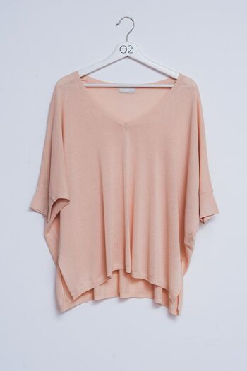 Pull à manches courtes à col en V beige 1