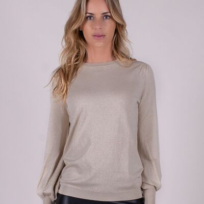 Beigefarbener Damenpullover aus Viskose-Lurex mit langen Puffärmeln – KRABI