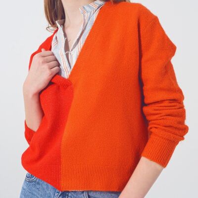 Colorblock-Pullover mit V-Ausschnitt in Rot und Orange
