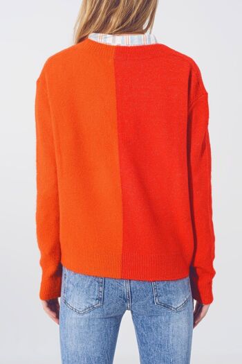 Pull colorblock à col en V en rouge et orange 2