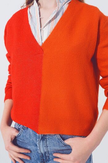 Pull colorblock à col en V en rouge et orange 6