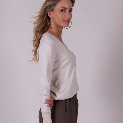 Women's sweater beige viscose V neck long sleeves - New York
