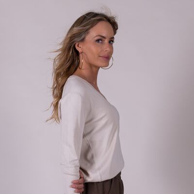 Women's sweater beige viscose V neck long sleeves - New York