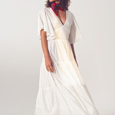 Smock V Neck Maxi Dress in White