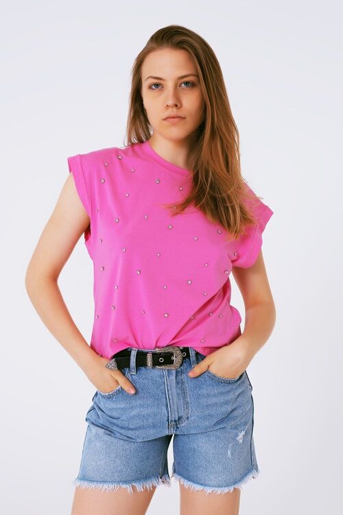 Sleevless T-shirt With Strass Detail in Pink