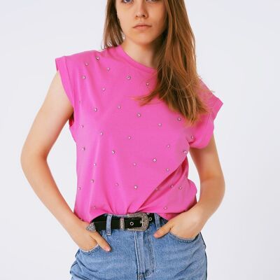 Sleevless T-shirt With Strass Detail in Pink
