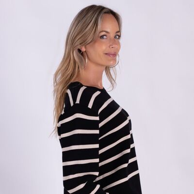 Women's sweater black sand stripe cotton round neck - LUXOR