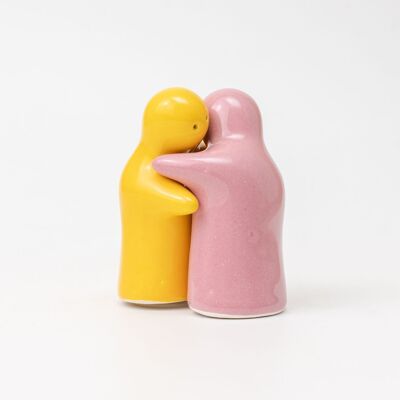 Ceramic salt and pepper shakers original set / Pink and yellow OHANA