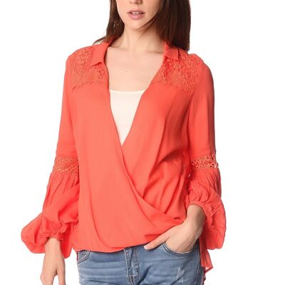 Orange blouse with wrap front and draped detail