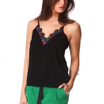Black cami top with multi color cage detail