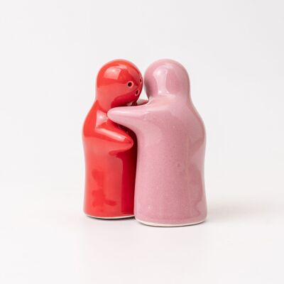 Ceramic salt and pepper shakers original set / Pink and red LOVE
