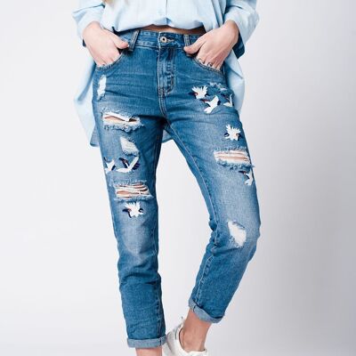 Blue wash mom jeans bird embroidery
